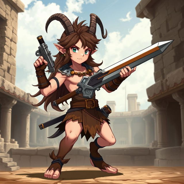 A short male satyr gladiator character in a 2D anime style, featuring long brown hair and distinct goat legs that emphasize his satyr heritage