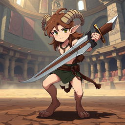 A short male satyr gladiator character in a 2D anime style, featuring long brown hair and distinct goat legs that emphasize his satyr heritage