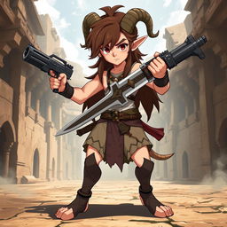 A short male satyr gladiator character in a 2D anime style, featuring long brown hair and distinct goat legs that emphasize his satyr heritage