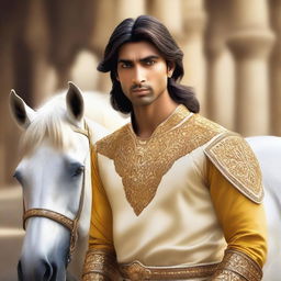 A hyper-realistic portrait of a young, lean Indian man, with fair skin, slightly longer neat hair, clad in simple casual Indian royal attire of yellow or golden hue, gripping a shimmering diamond sword, standing next to a glorious white horse dressed in golden armor