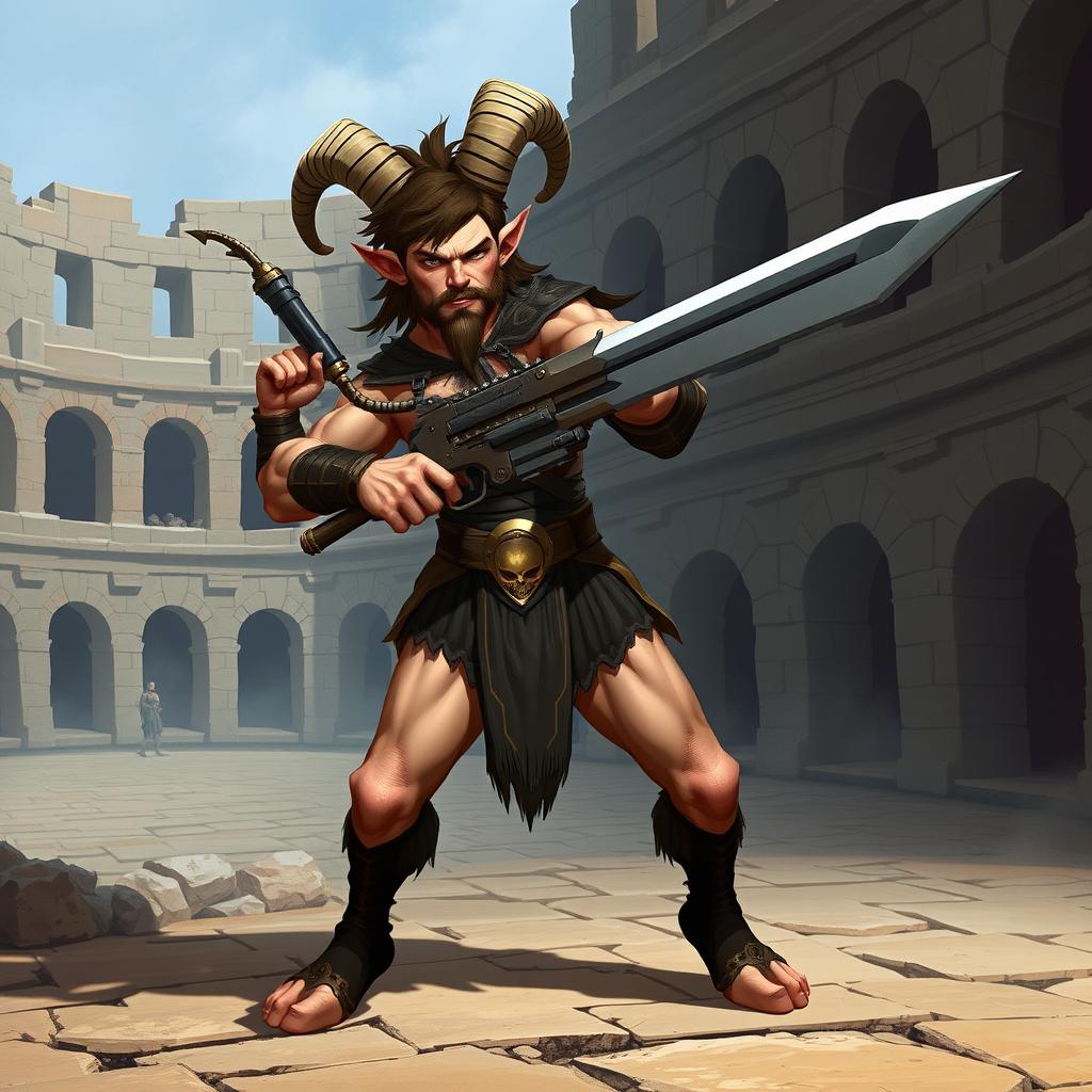 A short male satyr gladiator character in a 2D style, featuring prominent goat legs that enhance his mythical appearance