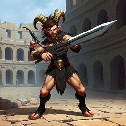 A short male satyr gladiator character in a 2D style, featuring prominent goat legs that enhance his mythical appearance