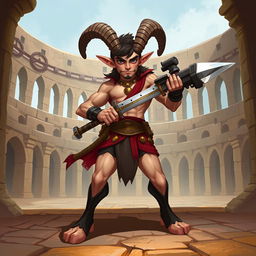 A short male satyr gladiator character in a 2D style, featuring prominent goat legs that enhance his mythical appearance