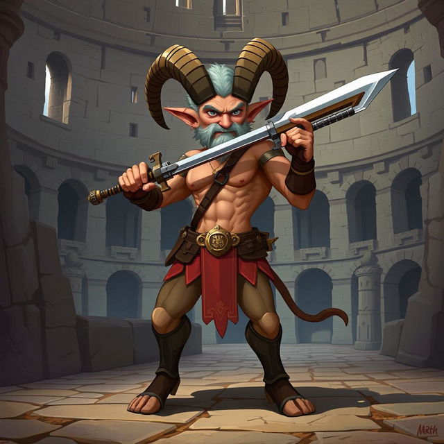 A short male satyr gladiator character in a 2D style, featuring prominent goat legs that enhance his mythical appearance