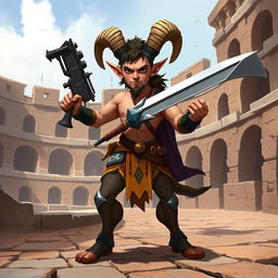 A short male satyr gladiator character in a 2D style, featuring prominent goat legs that enhance his mythical appearance