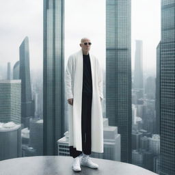 An unblemished, bald man with thick black glasses, dressed in a long white cardigan, short pod pants and Rick Owens' Geobasket sneakers