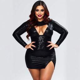 A full-length image of a stunning 35-year-old Greek woman with a pear-shaped figure, characterized by wide hips and large thick thighs