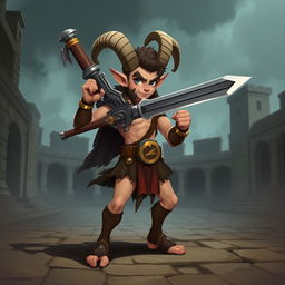 A short male satyr gladiator character rendered in a 2D art style