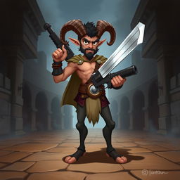 A short male satyr gladiator character rendered in a 2D art style