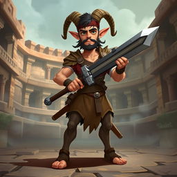 A short male satyr gladiator character rendered in a 2D art style
