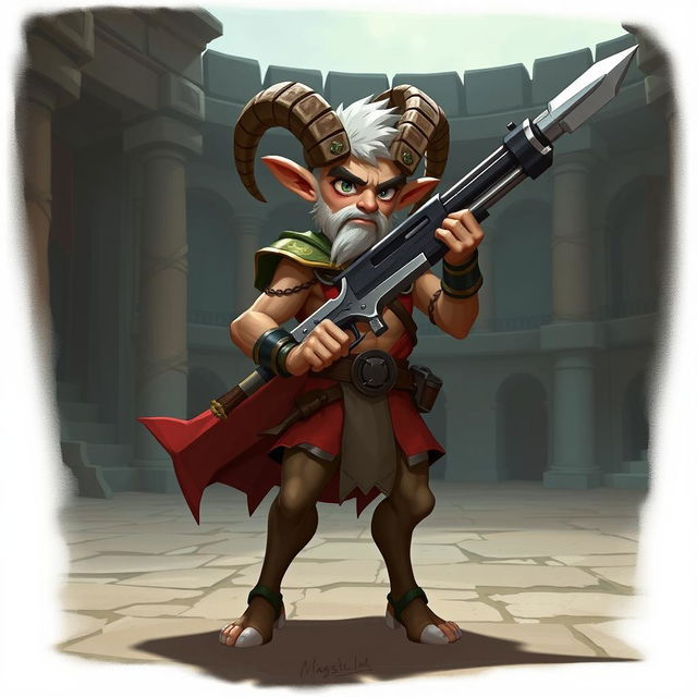 A short male satyr gladiator character rendered in a 2D art style