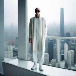 An unblemished, bald man with thick black glasses, dressed in a long white cardigan, short pod pants and Rick Owens' Geobasket sneakers