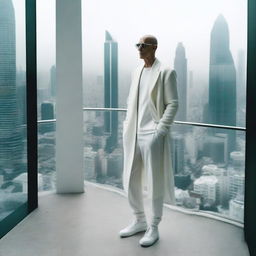 An unblemished, bald man with thick black glasses, dressed in a long white cardigan, short pod pants and Rick Owens' Geobasket sneakers