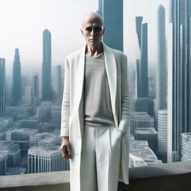 An unblemished, bald man with thick black glasses, dressed in a long white cardigan, short pod pants and Rick Owens' Geobasket sneakers