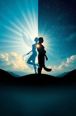 An artistic representation of dualism philosophy, featuring a symbolic depiction of two contrasting elements, such as light and dark, or mind and body, captured in a metaphysical landscape