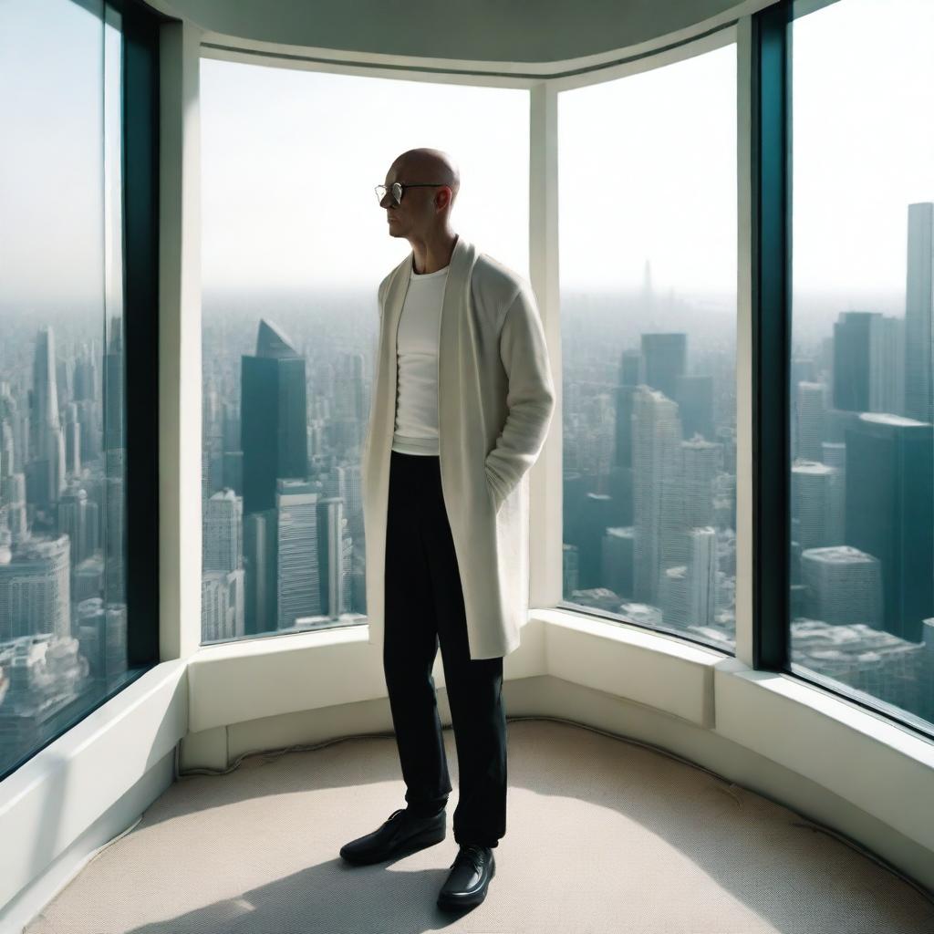 Full body image of a bald man with thick black glasses, in a white cardigan, short black pod pants and Rick Owens' Geobasket sneakers