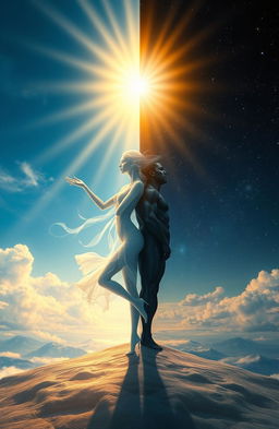 An artistic representation of dualism philosophy, featuring a symbolic depiction of two contrasting elements, such as light and dark, or mind and body, captured in a metaphysical landscape