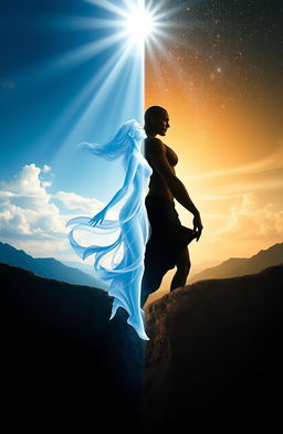 An artistic representation of dualism philosophy, featuring a symbolic depiction of two contrasting elements, such as light and dark, or mind and body, captured in a metaphysical landscape