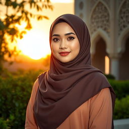 A beautiful Muslim woman dressed in an elegant traditional hijab and a modern yet modest outfit, standing confidently in front of a stunning sunset