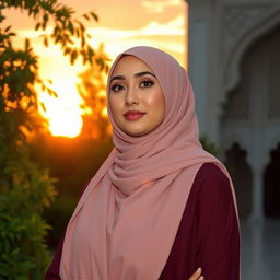 A beautiful Muslim woman dressed in an elegant traditional hijab and a modern yet modest outfit, standing confidently in front of a stunning sunset