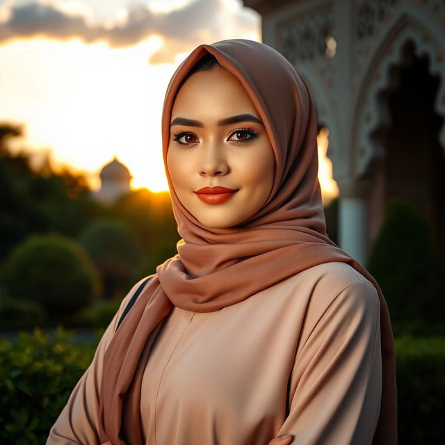 A beautiful Muslim woman dressed in an elegant traditional hijab and a modern yet modest outfit, standing confidently in front of a stunning sunset