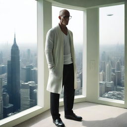 Full body image of a bald man with thick black glasses, in a white cardigan, short black pod pants and Rick Owens' Geobasket sneakers