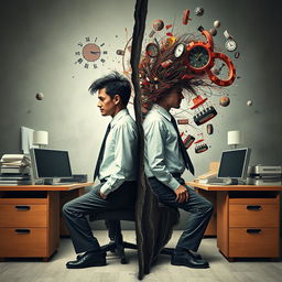 An evocative and surreal representation of dualism philosophy intertwined with themes of madness and identity disorder in a work setting