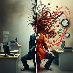 An evocative and surreal representation of dualism philosophy intertwined with themes of madness and identity disorder in a work setting