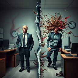 An evocative and surreal representation of dualism philosophy intertwined with themes of madness and identity disorder in a work setting