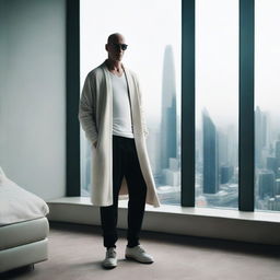 Full body image of a bald man with thick black glasses, in a white cardigan, short black pod pants and Rick Owens' Geobasket sneakers