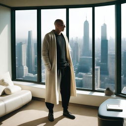 Full body image of a bald man with thick black glasses, in a white cardigan, short black pod pants and Rick Owens' Geobasket sneakers