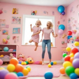 A joyful 35-year-old mother with short blond hair and her 10-year-old daughter, both with slim body types, jumping in a colorful girls' room full of toys with big windows letting in bright daylight