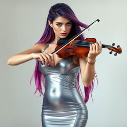 A full-length image of an 18-year-old beautiful woman with angular facial features and a round belly, wearing a short, super tight, shiny silver dress that shows a hint of cleavage