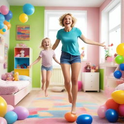 A joyful 35-year-old mother with short blond hair and her 10-year-old daughter, both with slim body types, jumping in a colorful girls' room full of toys with big windows letting in bright daylight