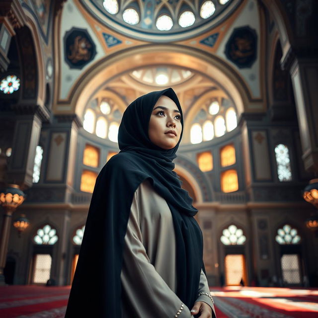 A beautiful Islamic setting featuring a young Muslim woman in traditional attire, elegantly dressed and capturing the essence of her faith