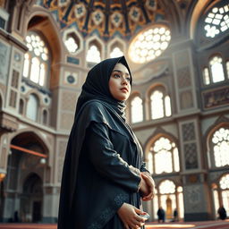 A beautiful Islamic setting featuring a young Muslim woman in traditional attire, elegantly dressed and capturing the essence of her faith