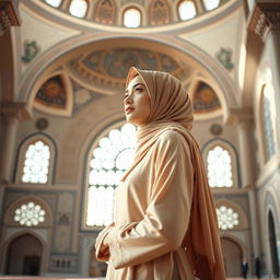 A beautiful Islamic setting featuring a young Muslim woman in traditional attire, elegantly dressed and capturing the essence of her faith