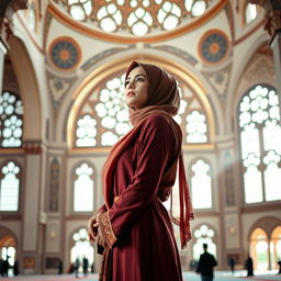 A beautiful Islamic setting featuring a young Muslim woman in traditional attire, elegantly dressed and capturing the essence of her faith