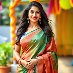 A beautiful Indian woman wearing a traditional saree that elegantly drapes around her body, showcasing intricate patterns and vibrant colors
