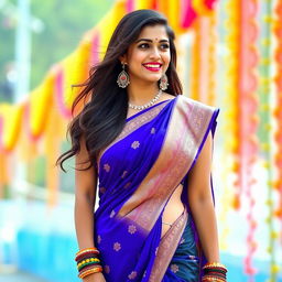 A beautiful Indian woman wearing a traditional saree that elegantly drapes around her body, showcasing intricate patterns and vibrant colors