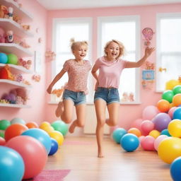 A joyful 35-year-old mother with short blond hair and her 10-year-old daughter, both with slim body types, jumping in a colorful girls' room full of toys with big windows letting in bright daylight