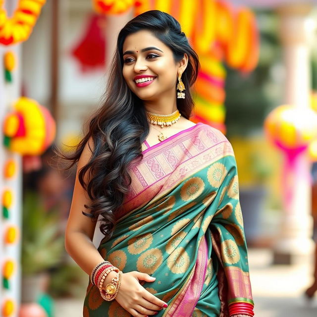 A beautiful Indian woman wearing a traditional saree that elegantly drapes around her body, showcasing intricate patterns and vibrant colors