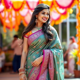 A beautiful Indian woman wearing a traditional saree that elegantly drapes around her body, showcasing intricate patterns and vibrant colors
