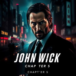 A cinematic teaser poster for 'John Wick: Chapter 5 (2025)', featuring a dramatic close-up of Keanu Reeves as John Wick