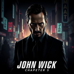A cinematic teaser poster for 'John Wick: Chapter 5 (2025)', featuring a dramatic close-up of Keanu Reeves as John Wick