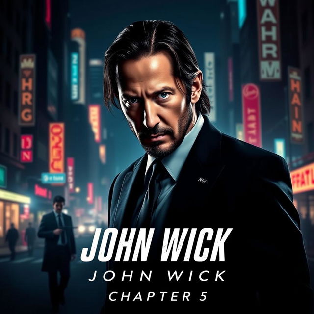 A cinematic teaser poster for 'John Wick: Chapter 5 (2025)', featuring a dramatic close-up of Keanu Reeves as John Wick