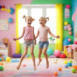 A joyful 35-year-old mother with short blond hair and her 10-year-old daughter, both with slim body types, jumping in a colorful girls' room full of toys with big windows letting in bright daylight