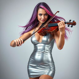 A full-length image of a beautiful 18-year-old woman with angular facial features and a tight rounded belly, wearing a very short and super tight shiny silver dress that subtly reveals a hint of cleavage