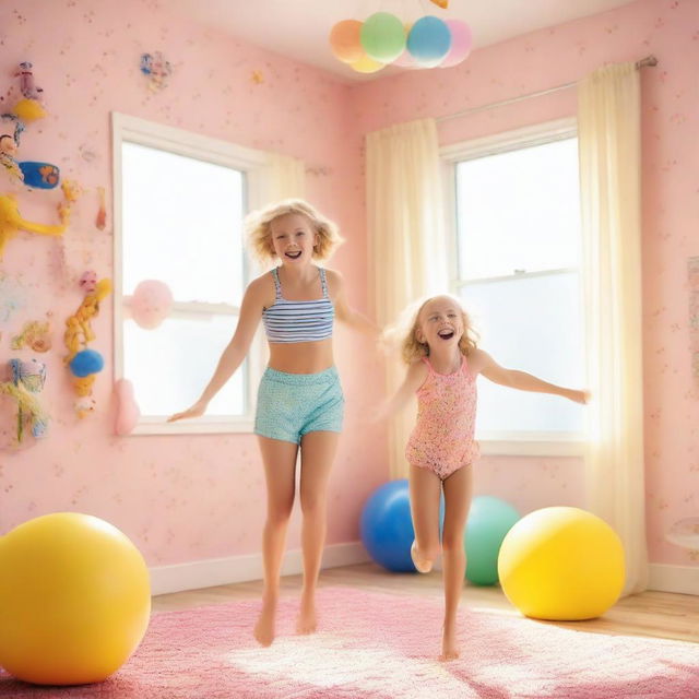 A playful 35-year-old mother with short blond hair and her 10-year-old daughter, both in beachwear with slim body types, jumping joyfully in a bright, toy-filled girls' room with large windows during the day