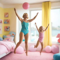 A playful 35-year-old mother with short blond hair and her 10-year-old daughter, both in beachwear with slim body types, jumping joyfully in a bright, toy-filled girls' room with large windows during the day